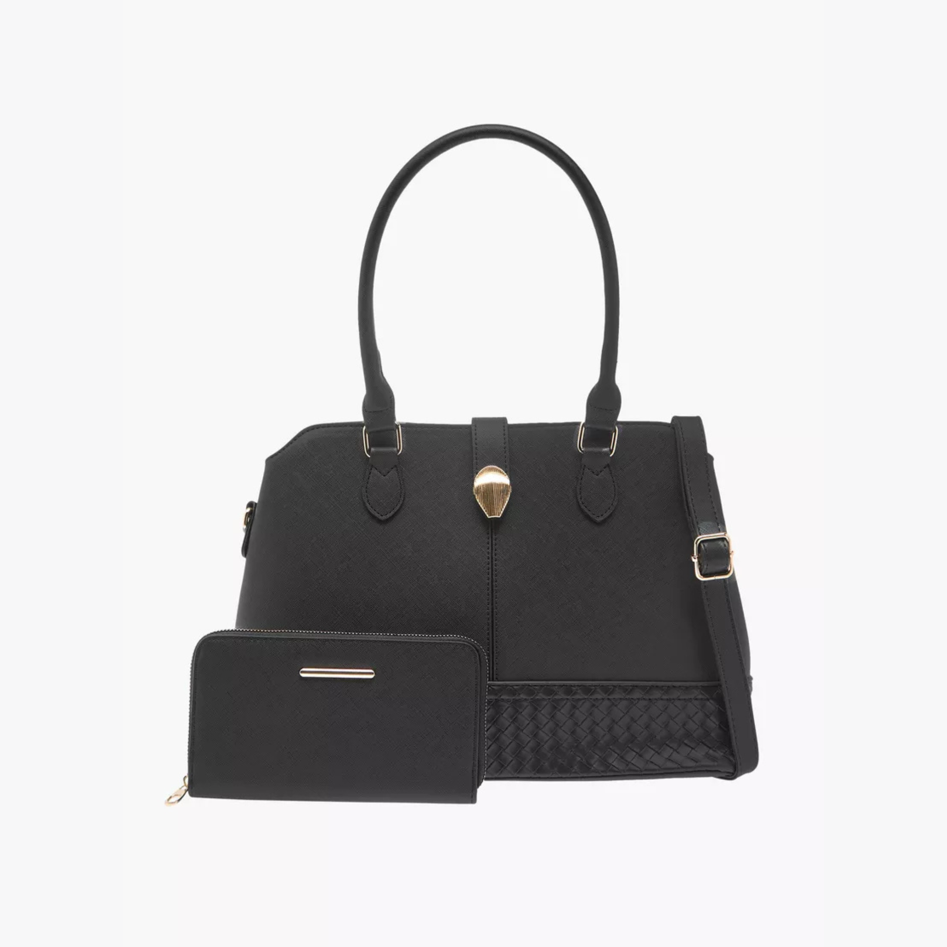 Smart Black 3-in-1 Bag Set with tote, wallet & crossbody in soft leather-look finish and gold accents. Stylish, spacious, perfect for daily HK fashion.