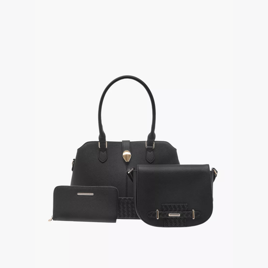 Smart Black 3-in-1 Bag Set with tote, wallet & crossbody in soft leather-look finish and gold accents. Stylish, spacious, perfect for daily HK fashion.