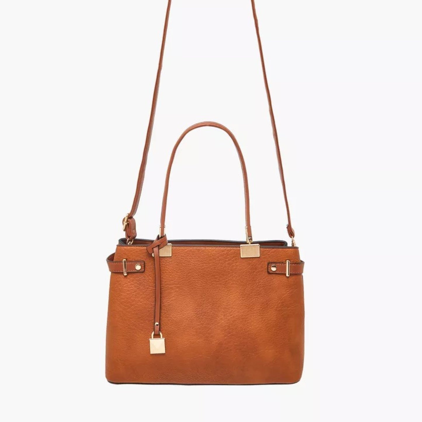 Brown 3 piece vegan faux leather handbag set featuring a large shoulder tote, a saddle flapover crossbody shoulder sling and a zip-around wallet pouch.