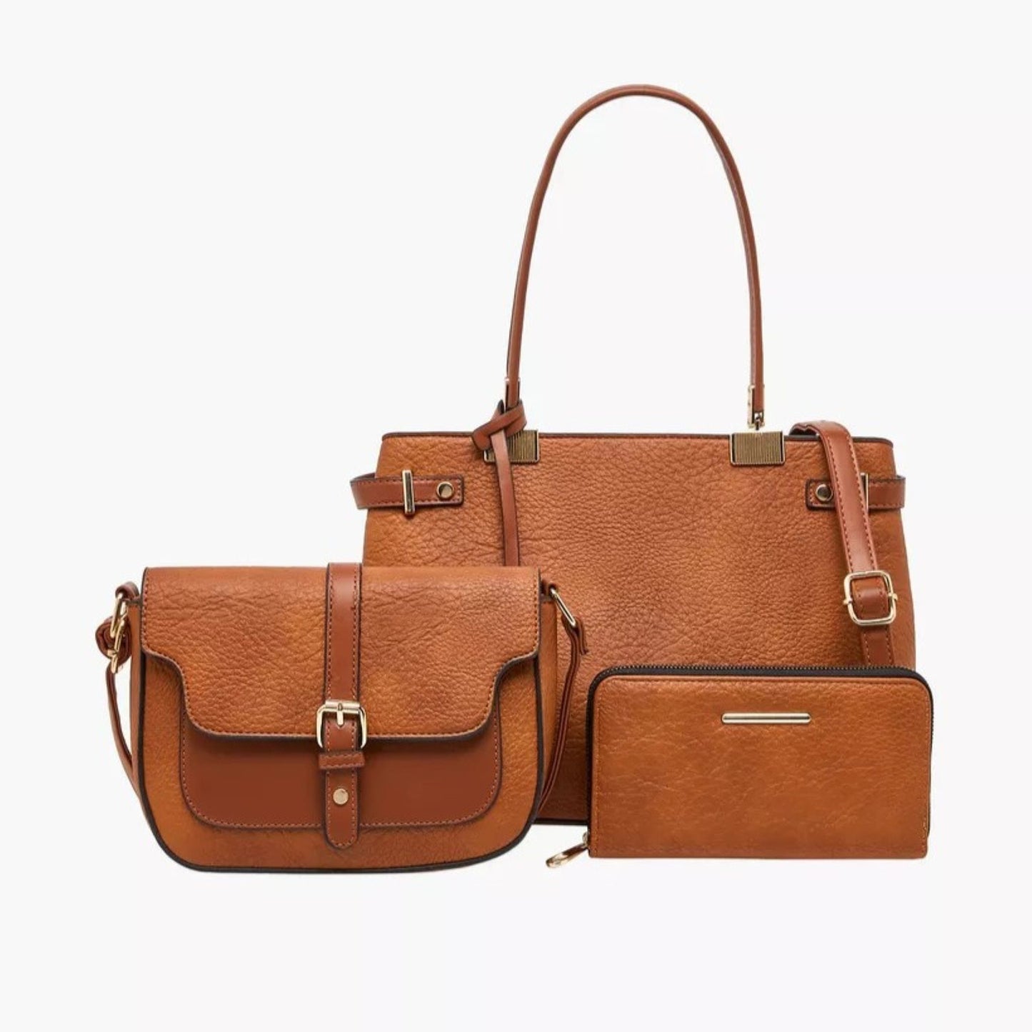 Brown 3 piece vegan faux leather handbag set featuring a large shoulder tote, a saddle flapover crossbody shoulder sling and a zip-around wallet pouch.