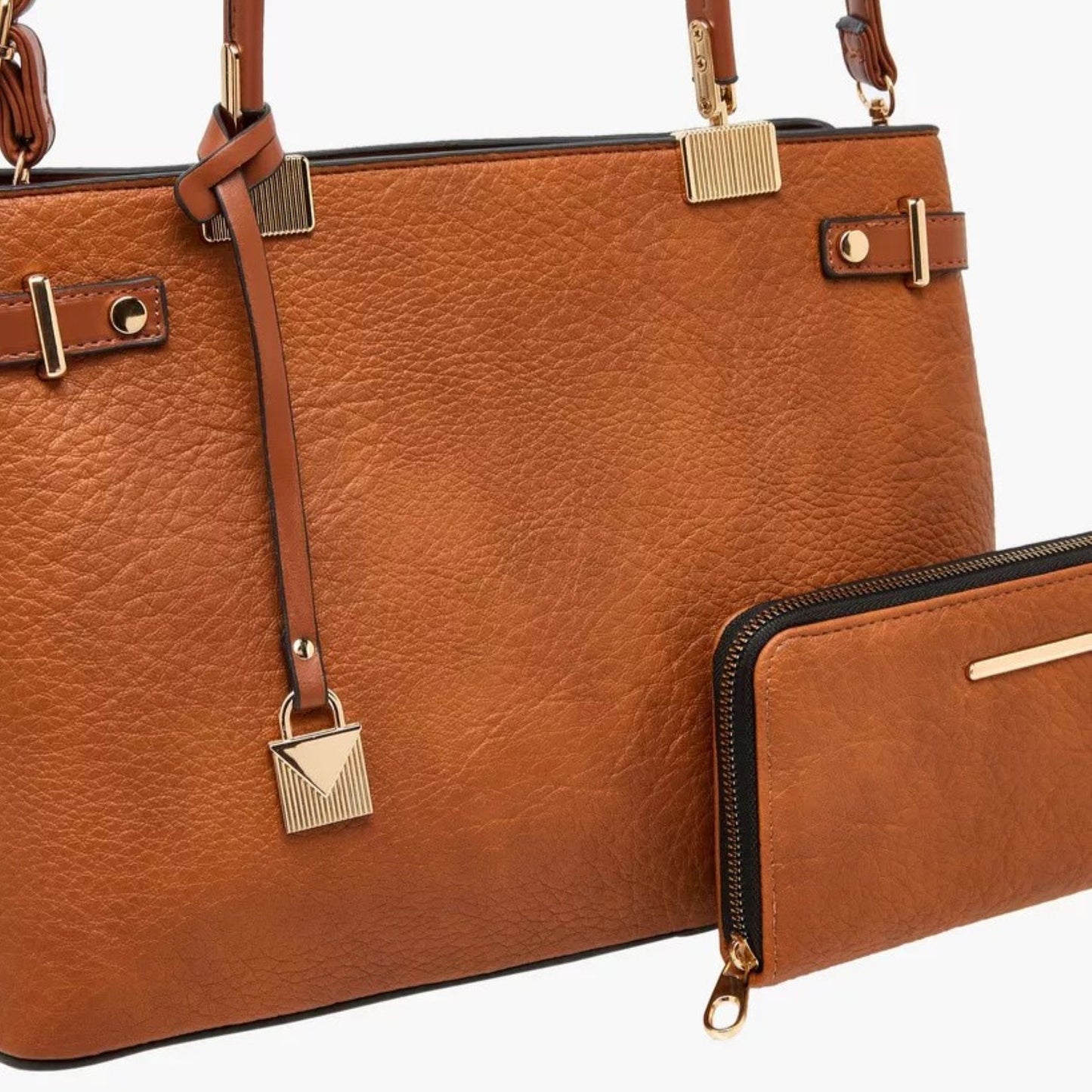 Brown 3 piece vegan faux leather handbag set featuring a large shoulder tote, a saddle flapover crossbody shoulder sling and a zip-around wallet pouch.