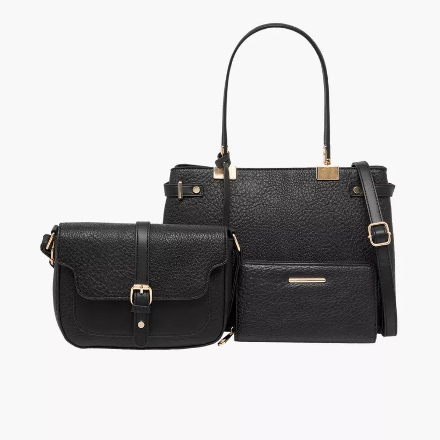 Black 3 piece vegan faux leather handbag set featuring a large shoulder tote, a saddle flapover crossbody shoulder sling and a zip-around wallet pouch.