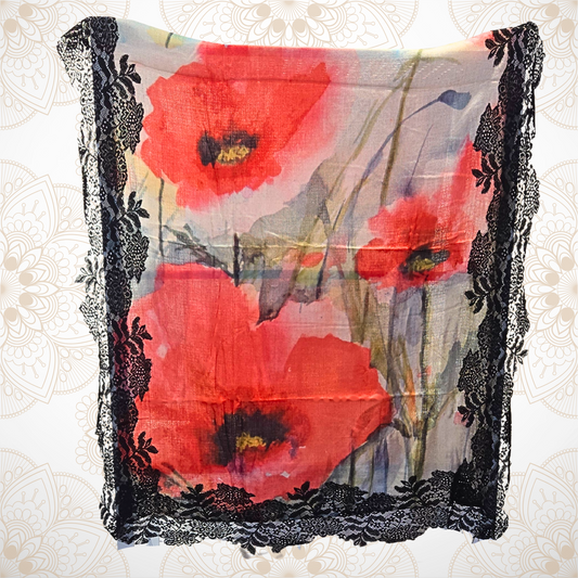 Red & Grey Poppy Pashmina Stole with Black Lace