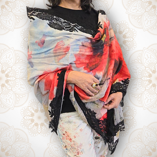 Red & Grey Poppy Pashmina Stole with Black Lace