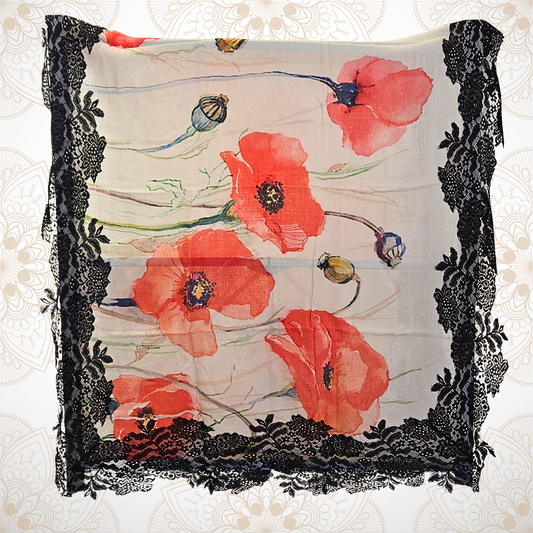 Scarf with red floral design and black lace border on a white background