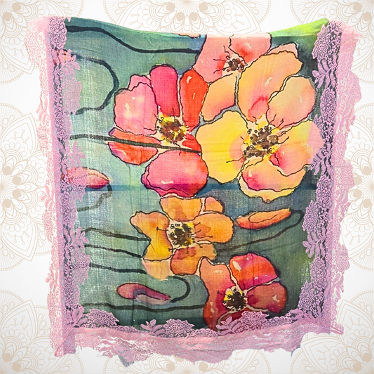 Poppies on Green Pashmina Stole with Pink Lace