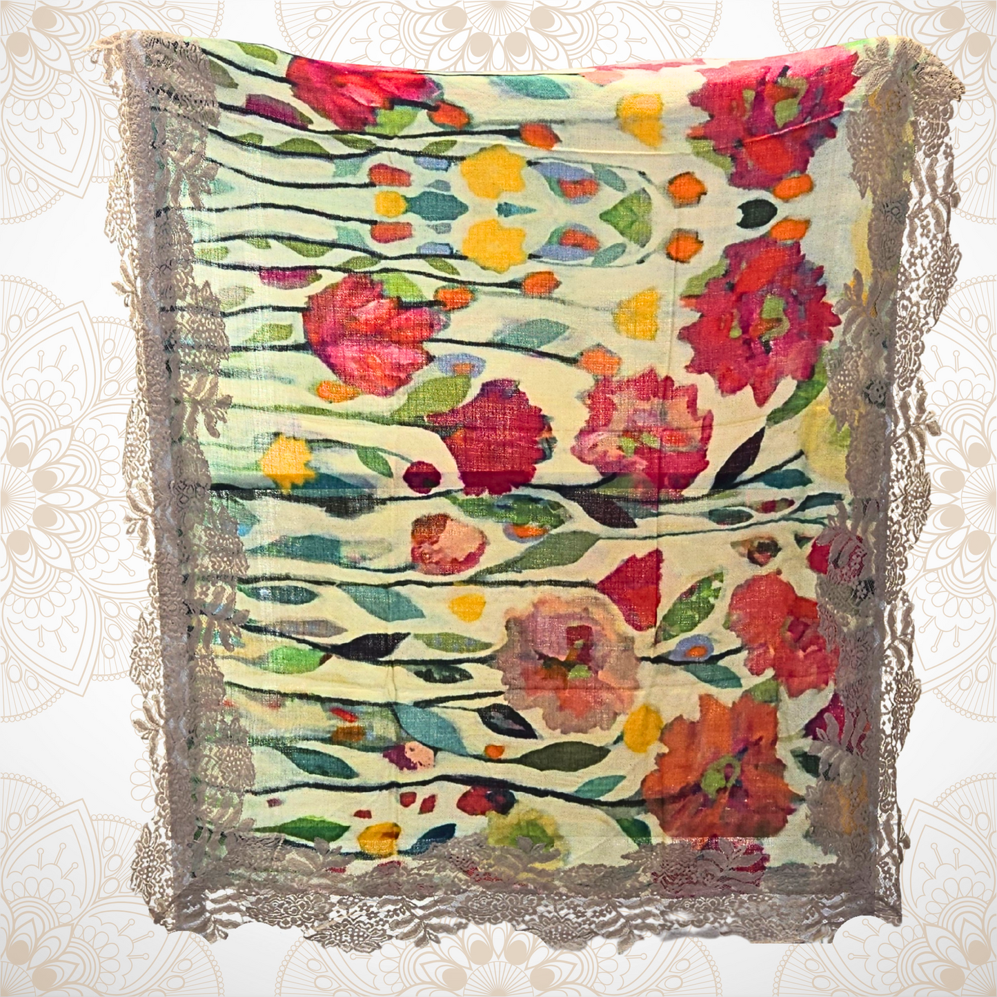 Poppies on Lemon Pashmina Stole with Beige Lace