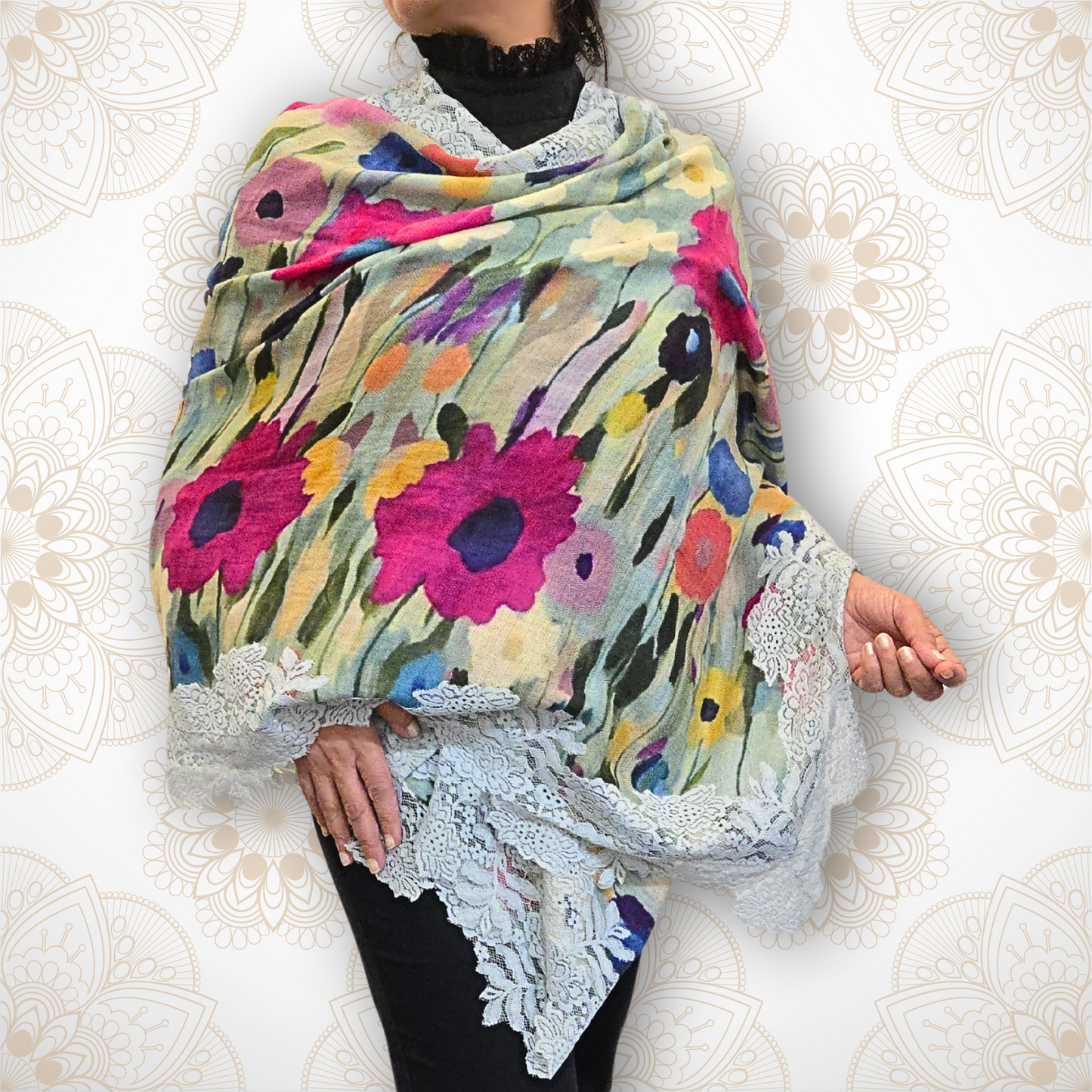 Garden of Poppies Pashmina Stole with Blue Lace