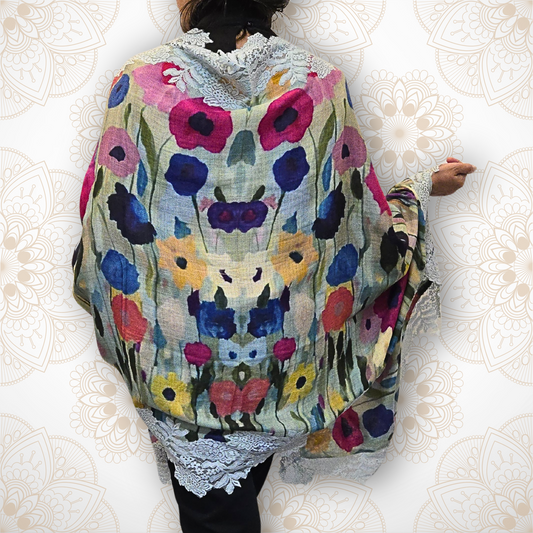 Garden of Poppies Pashmina Stole with Blue Lace