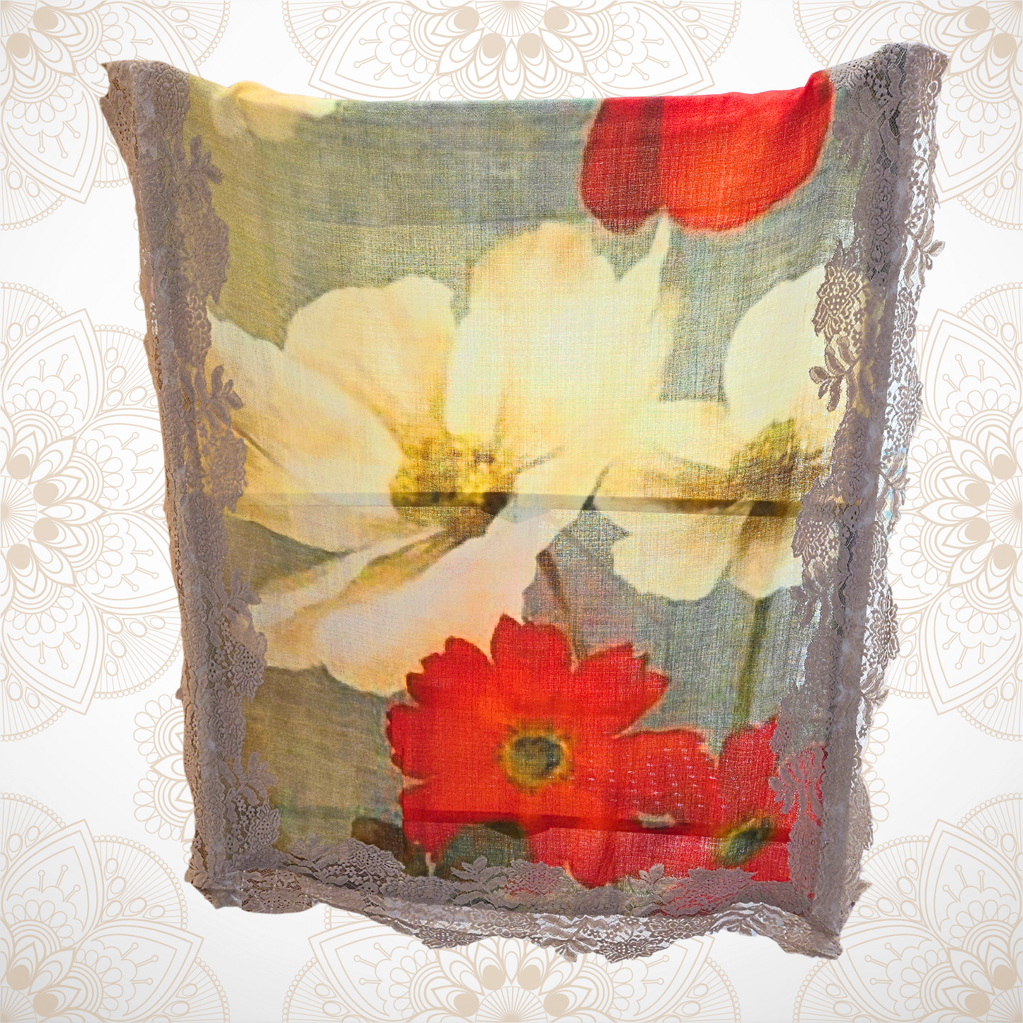 Yellow & Red Blooms Floral Pashmina Stole with Beige Lace