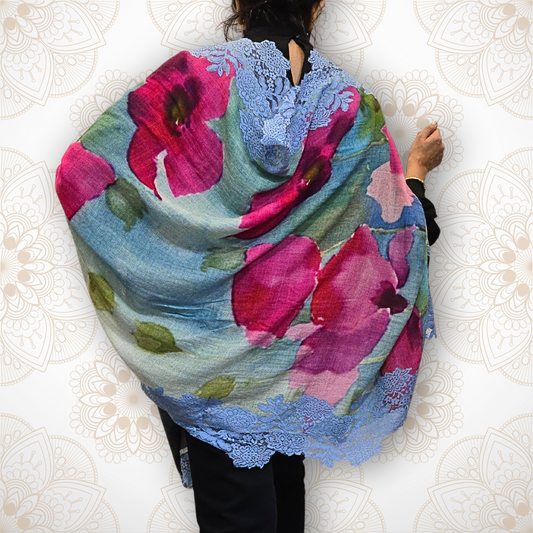 Red & Pink Stemmed Blooms Printed Pashmina Stole with Blue Lace