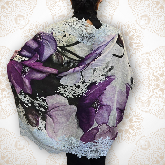 Lavender Bouquet Floral Pashmina Stole with Blue Lace
