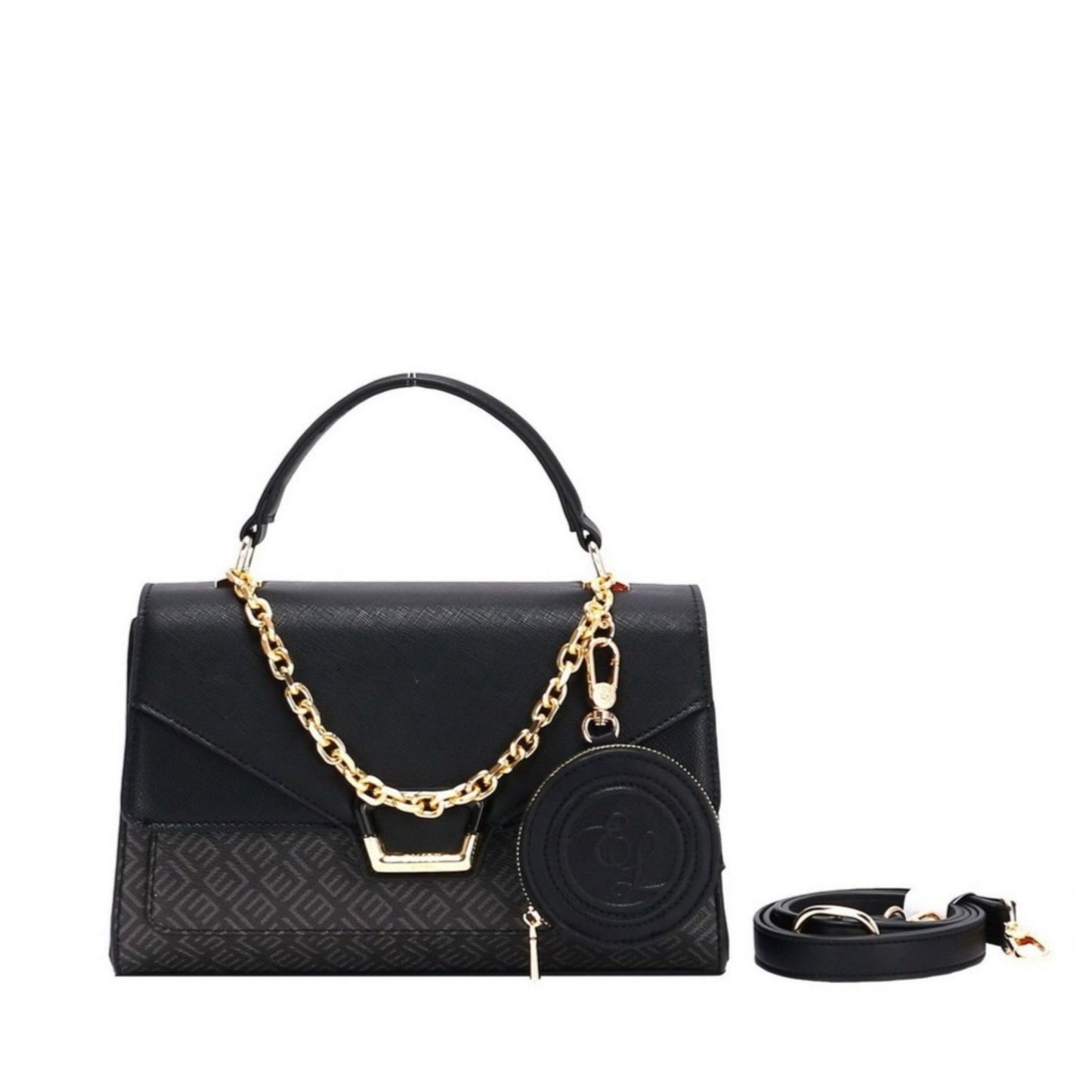 Black Satchel Top Handle Bag with Pouch