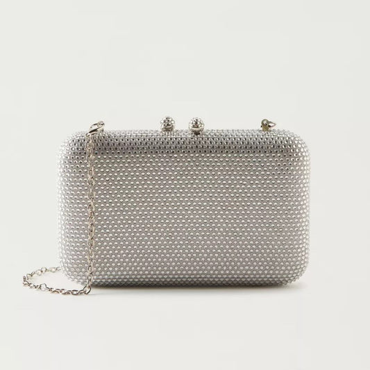 Silver Embellished Box Clutch with Detachable Chain Strap