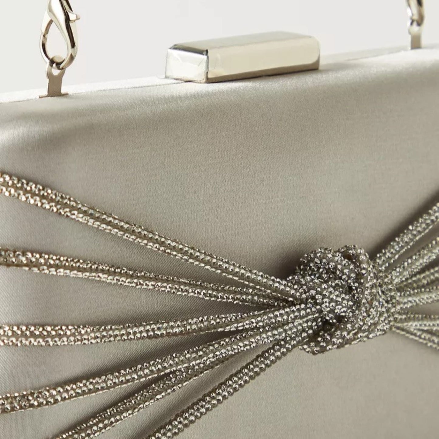 Silver Satin Box Clutch with Knot Detail