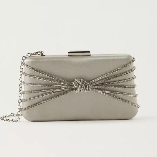 Silver Satin Box Clutch with Knot Detail
