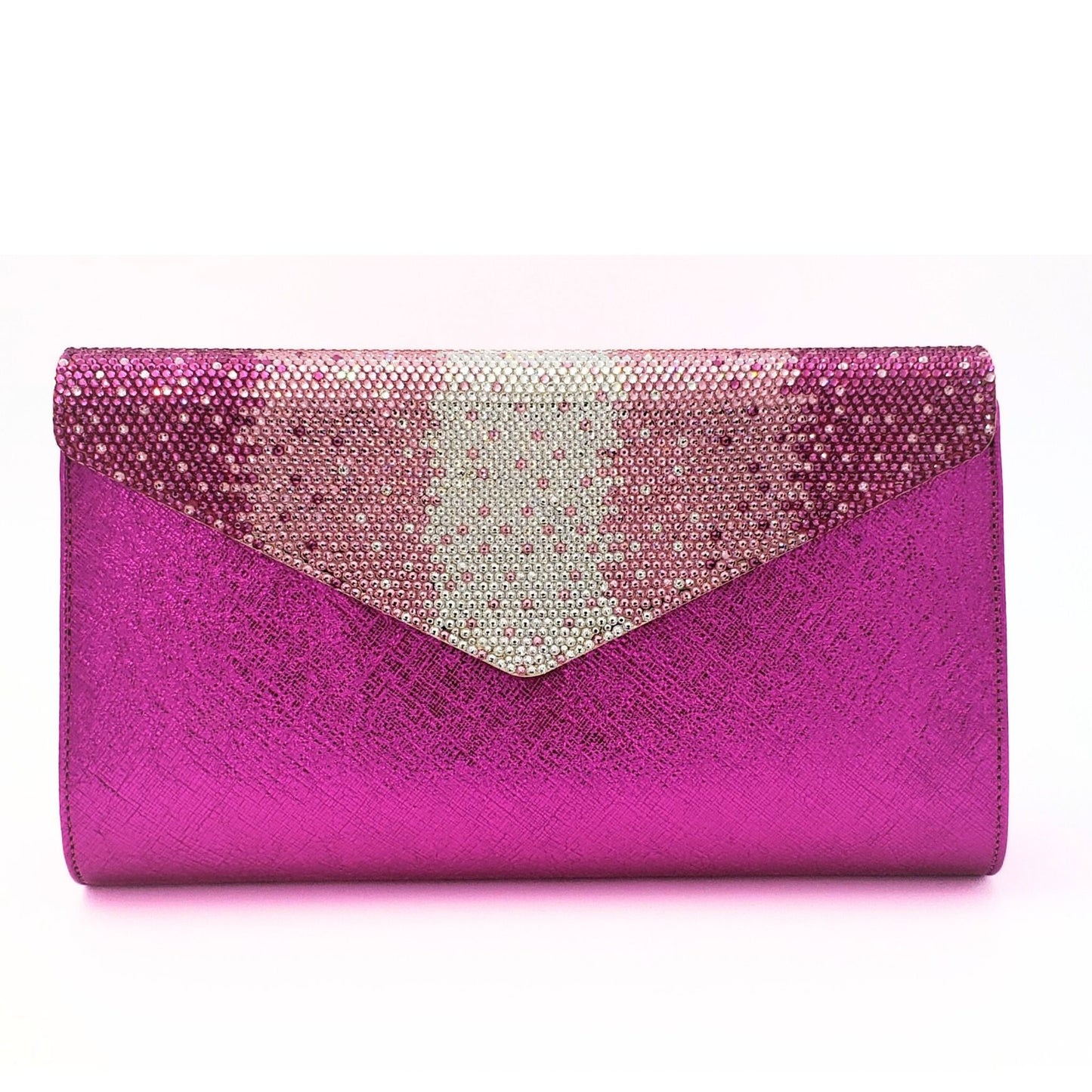 Leather Envelope Clutch with Swarovski crystal on the metal flap in Fuschia Pink to White gradation design.
