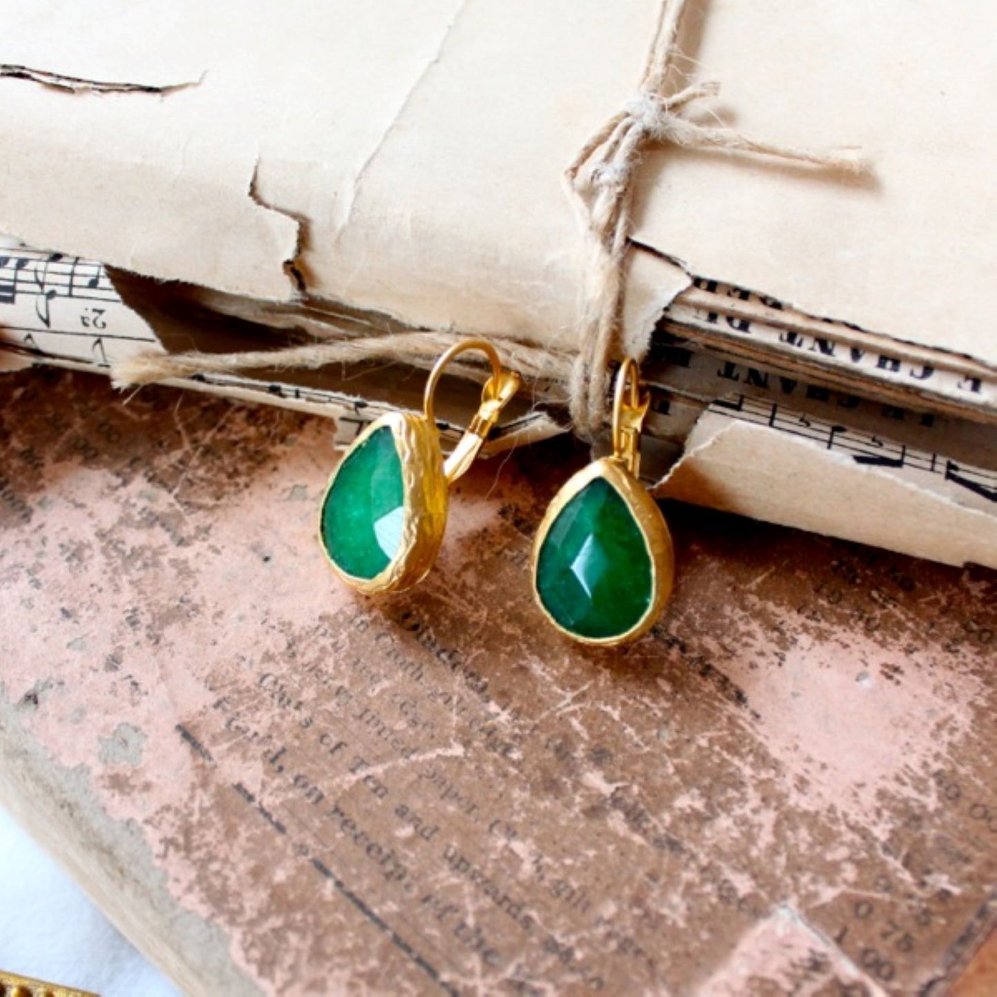 Handcrafted teardrop earrings with 0.5" Green Aventurine stones in 24K gold-plated silver. Each pair is unique with natural gemstone variations.