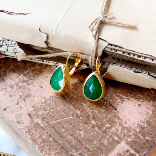 Handcrafted teardrop earrings with 0.5" Green Aventurine stones in 24K gold-plated silver. Each pair is unique with natural gemstone variations.