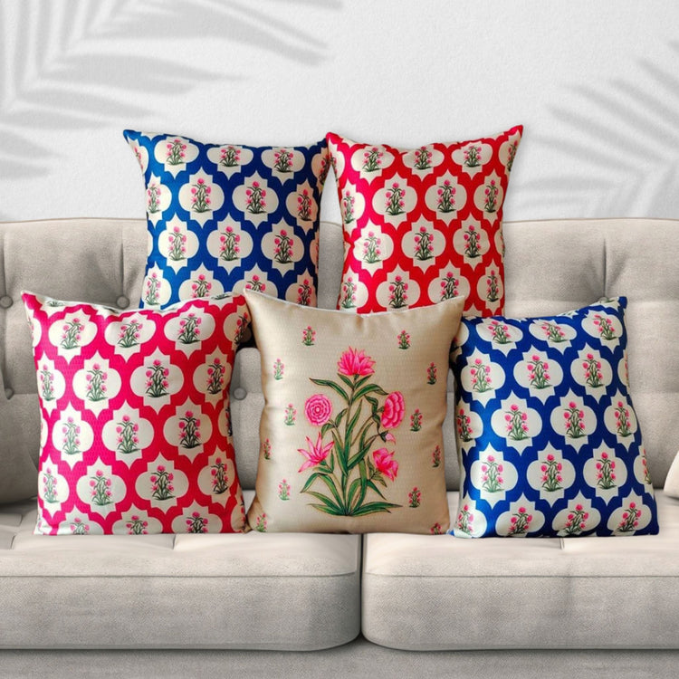 Poppies Design Cushions arranged on a bed