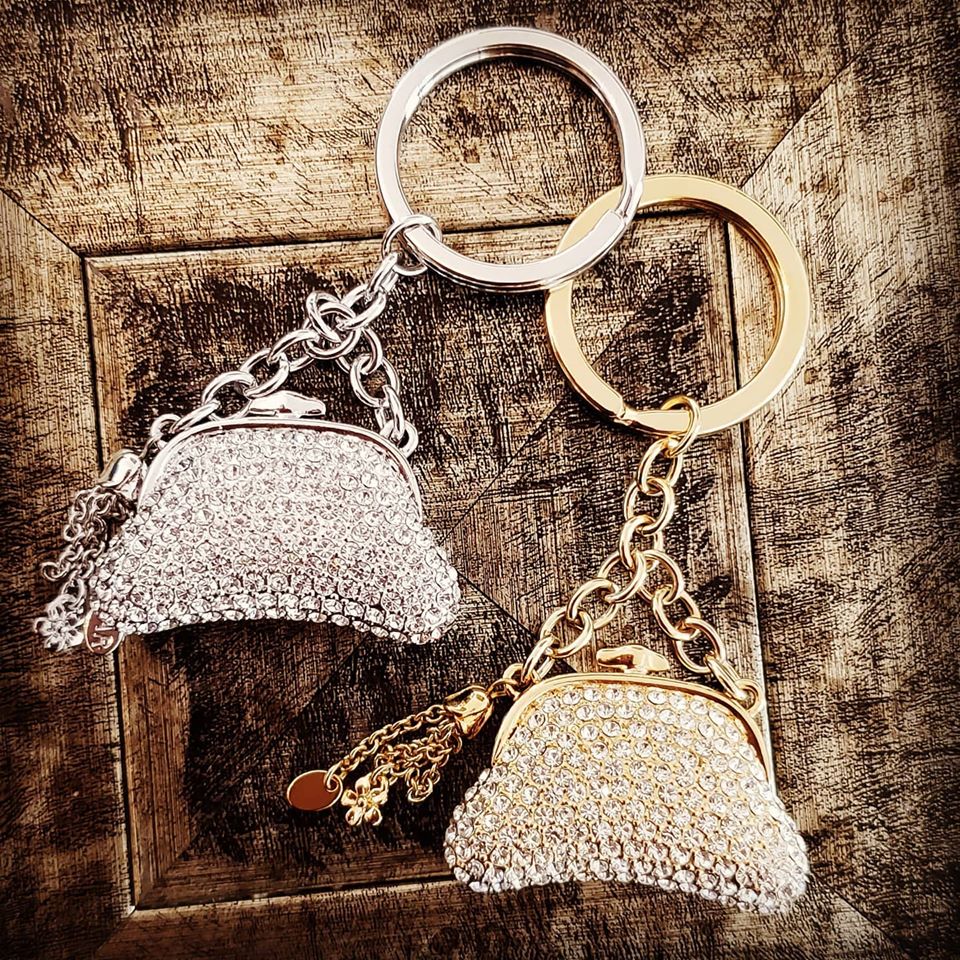Bag Shaped charms or key chains by Annika Rucci covered with Swarosvski crystals in gold or silver plated available from InStyle Fashion Hong Kong