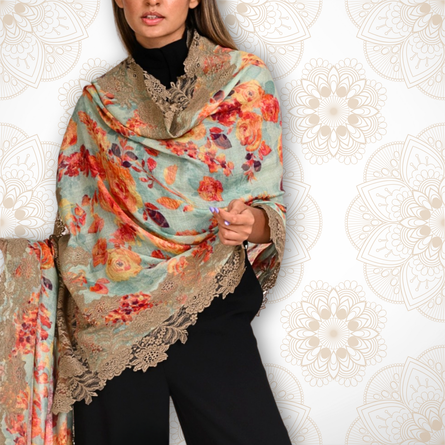 Lady wearing a printed shawl with lace trim