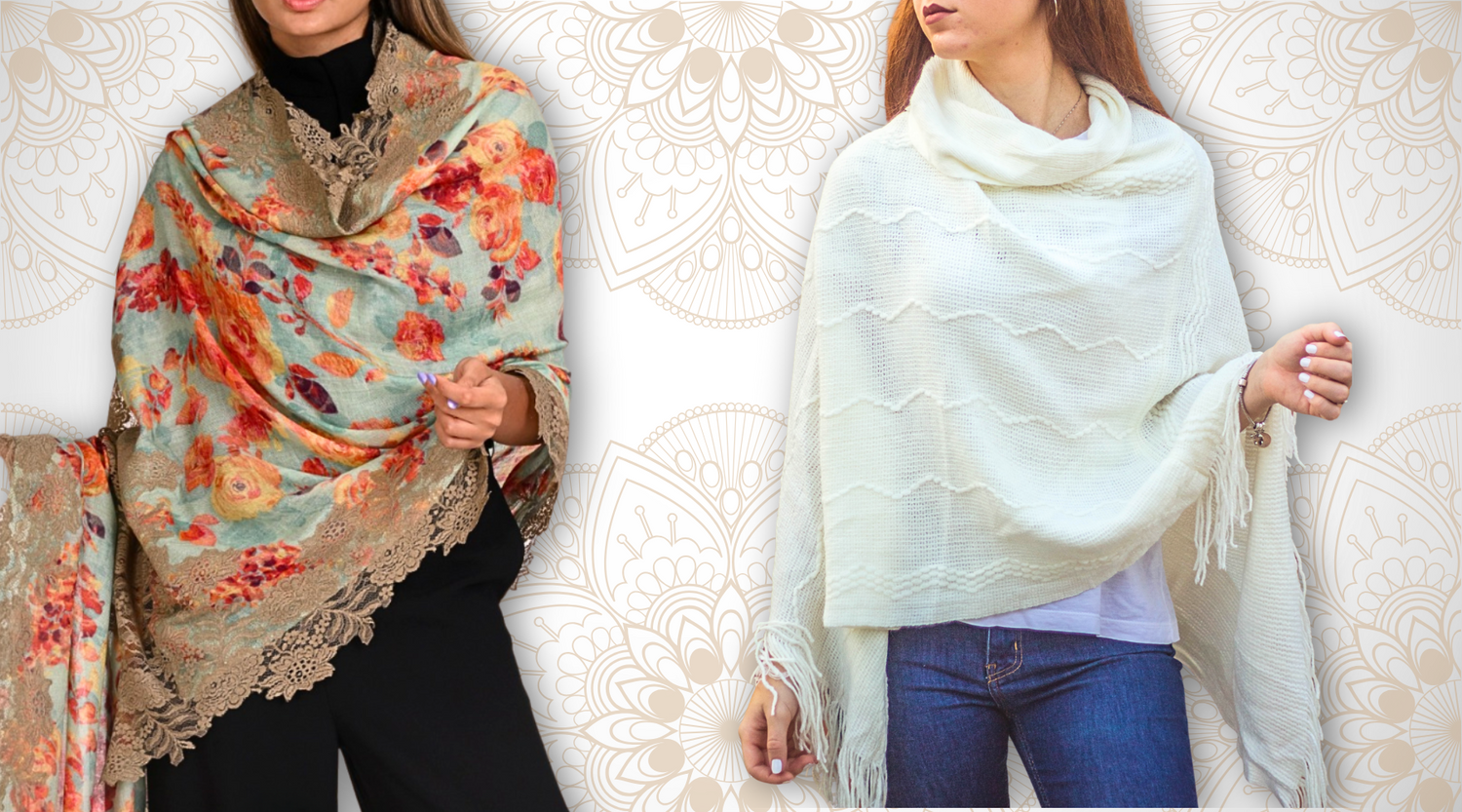 Lady wearing a printed shawl with lace trim