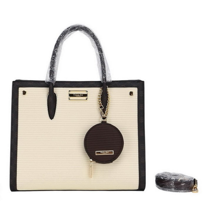 Beige structured tote bag with chocolate brown trim, gold-tone hardware, matching round coin pouch, double top handles, and detachable shoulder strap for versatile everyday use.