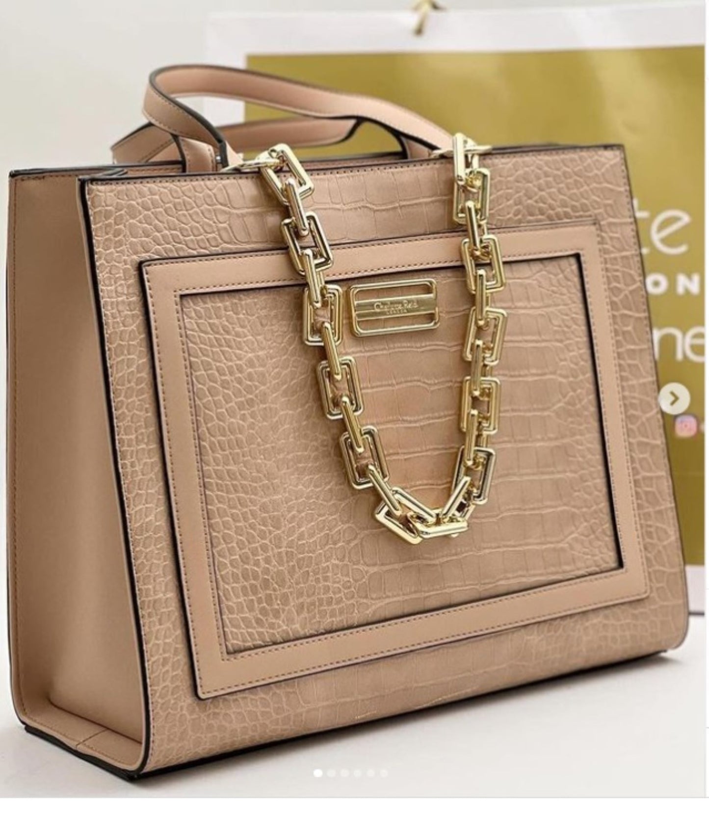 Beige Textured Satchel Tote Bag with Chain Accent