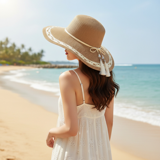 Wide Brim Straw Sun Hat with Tassel Trim