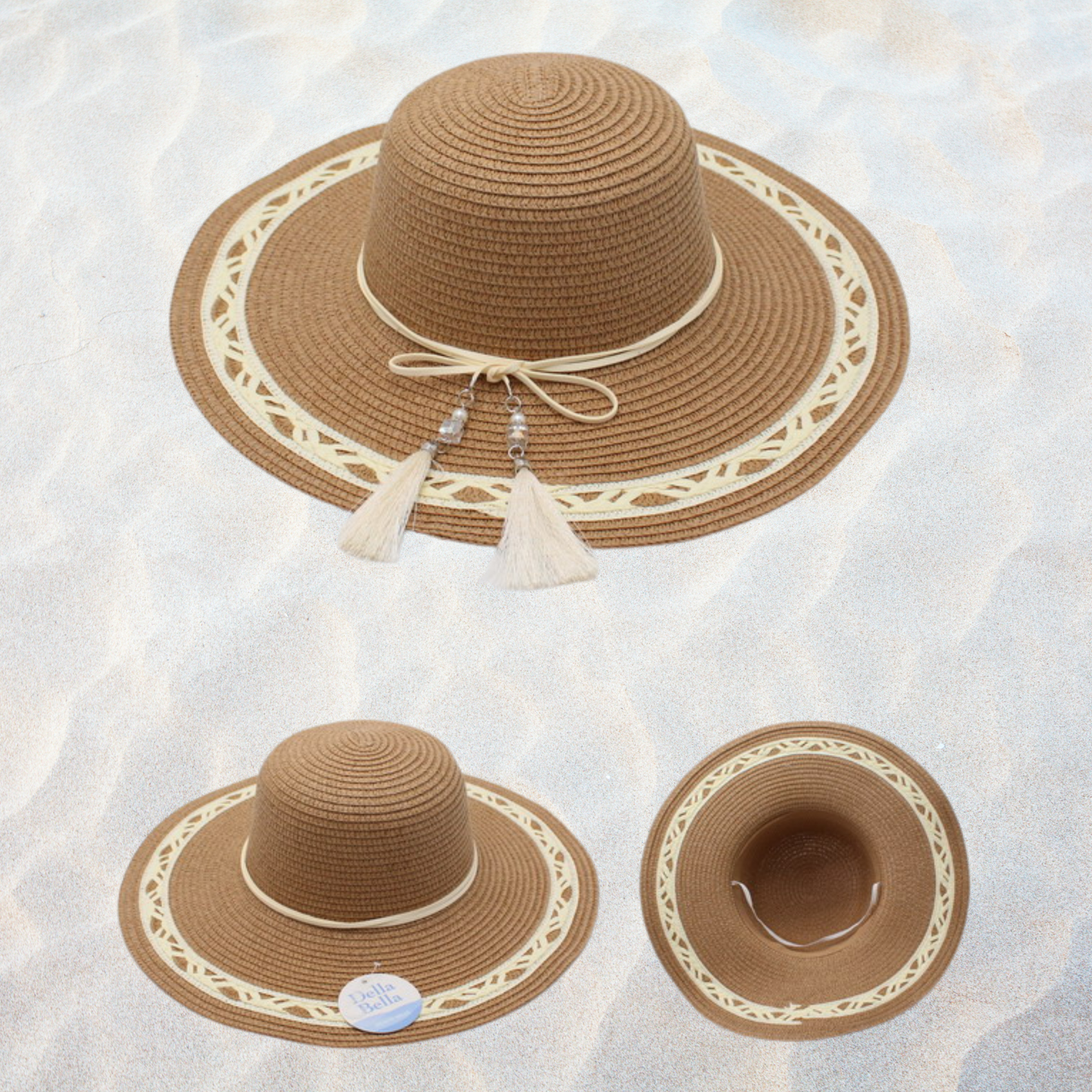 Wide Brim Straw Sun Hat with Tassel Trim