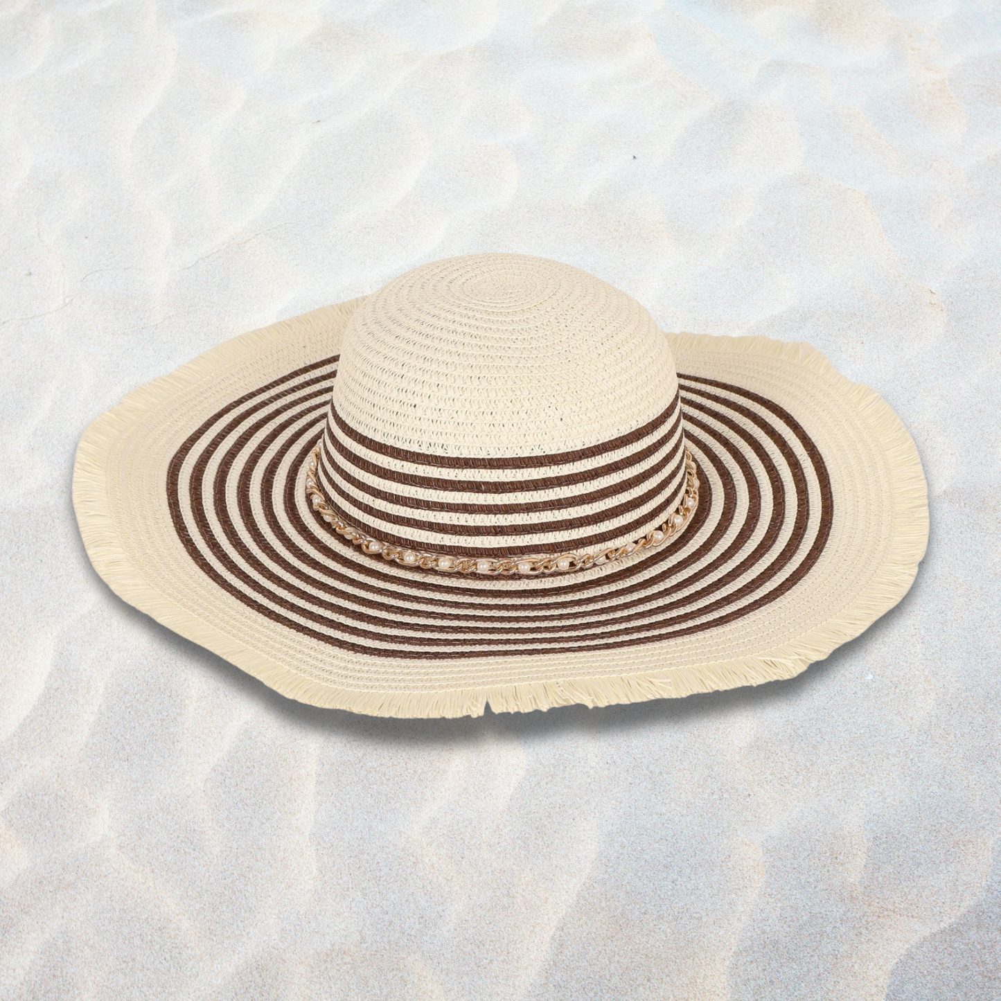 Cream Wide Brim Straw Hat with Chain Ornament