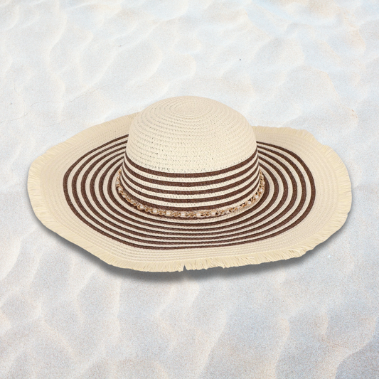 Cream Wide Brim Straw Hat with Chain Ornament