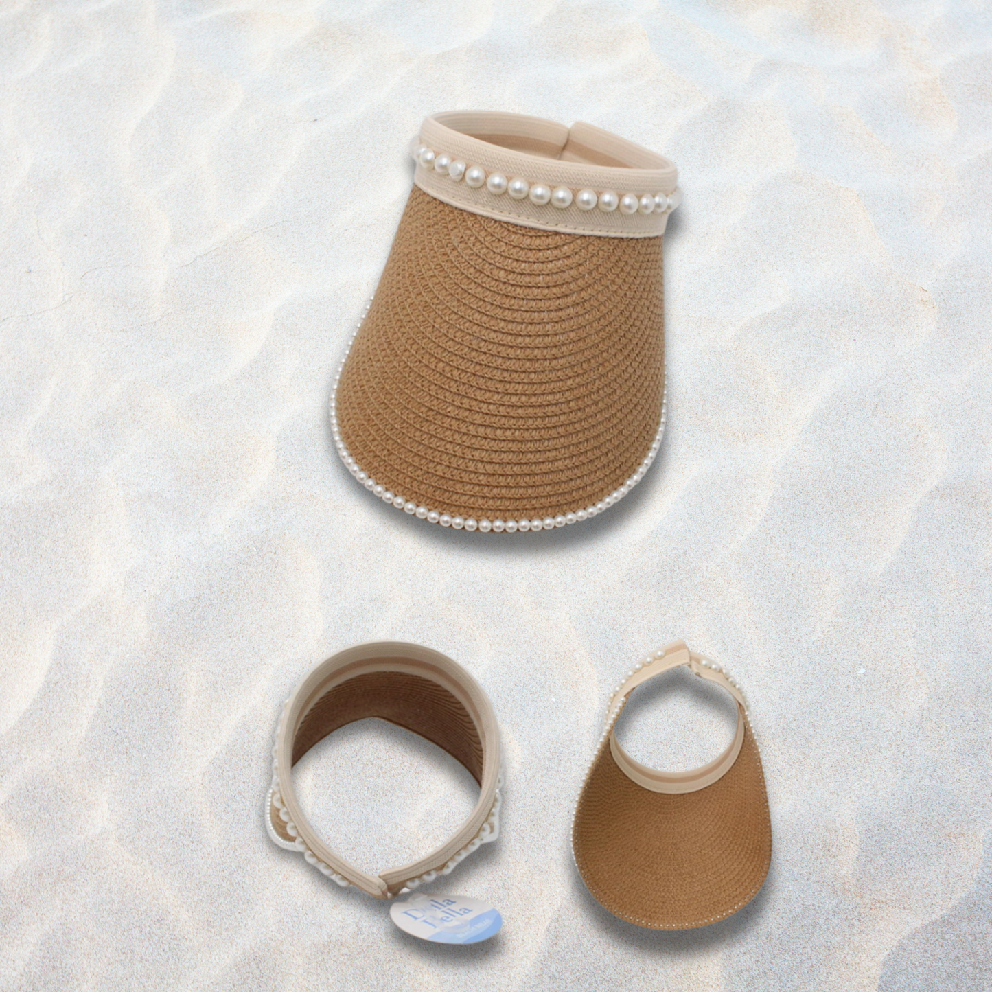 Pearl trim straw sun visor hat with wide brim, lightweight woven design, roll-up construction, and elegant pearl embellishments, available in beige, ivory, pink, and camel colors.