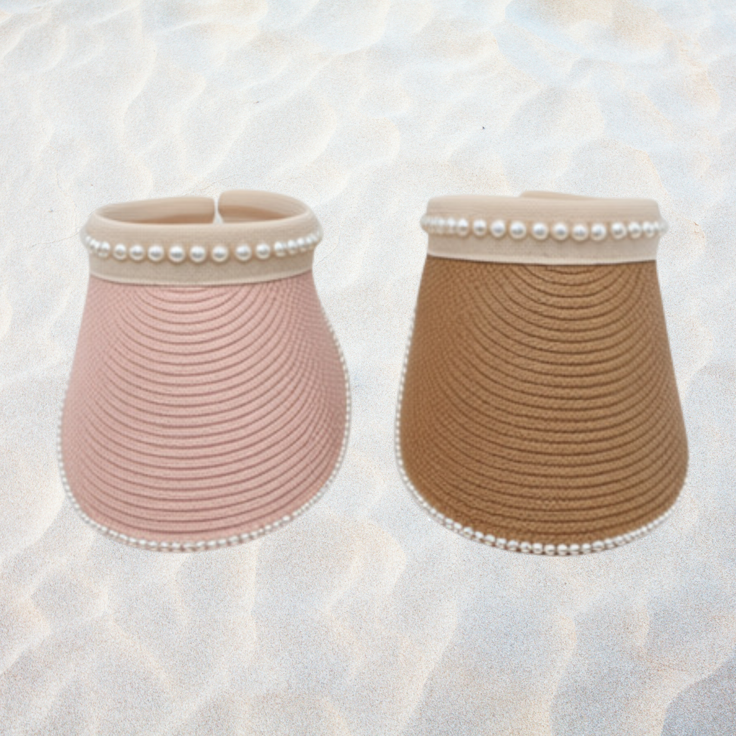 Pearl trim straw sun visor hat with wide brim, lightweight woven design, roll-up construction, and elegant pearl embellishments, available in beige, ivory, pink, and camel colors.