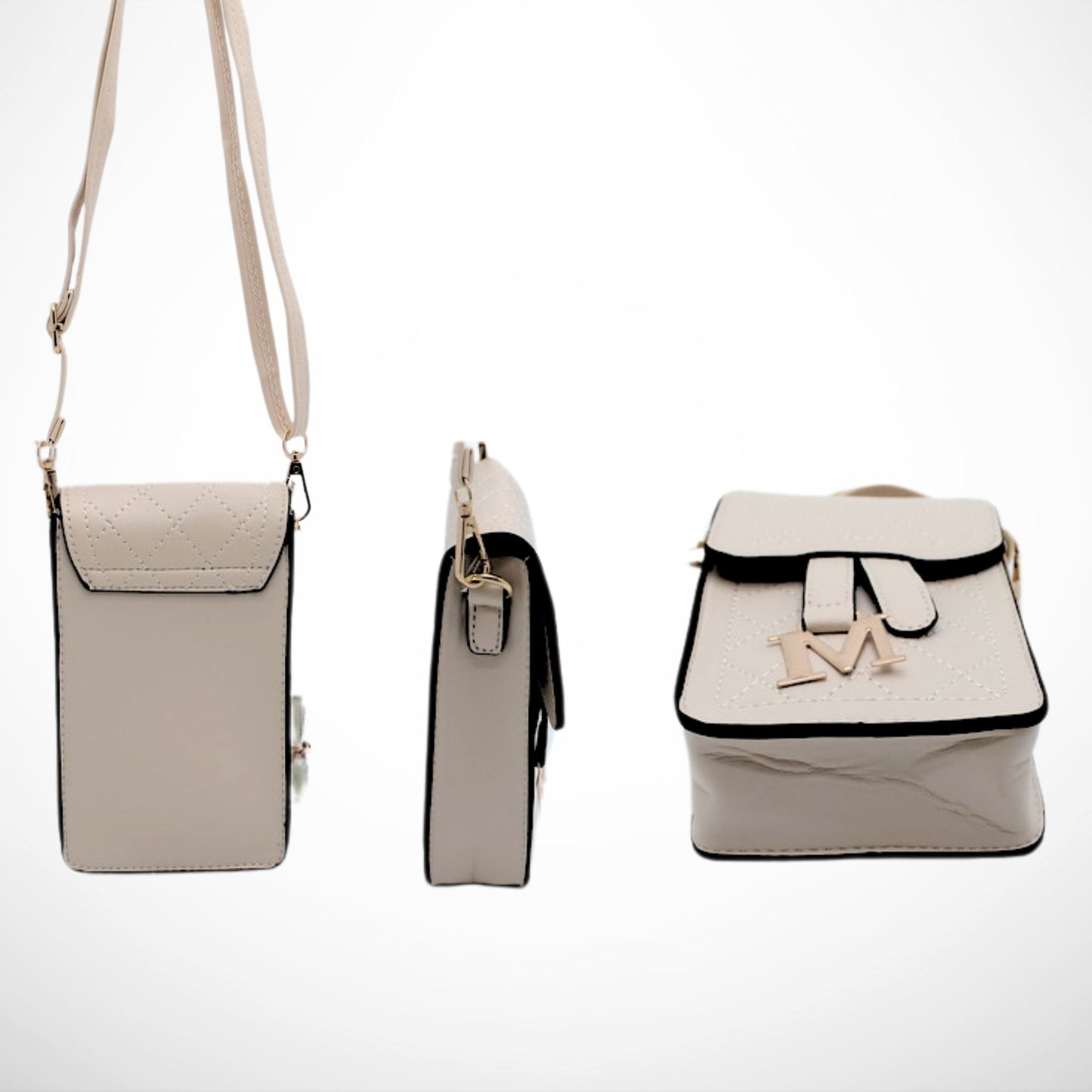 Beige "M" Quilted Telephone Crossbody