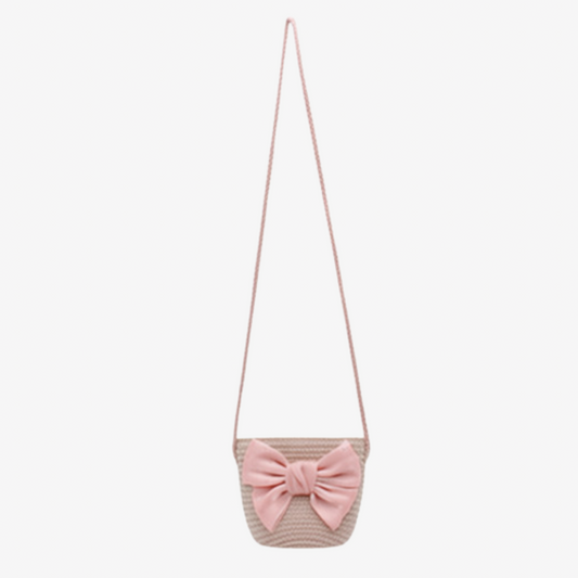 Kids Girl's Straw Bag with Fabric Bow Detail