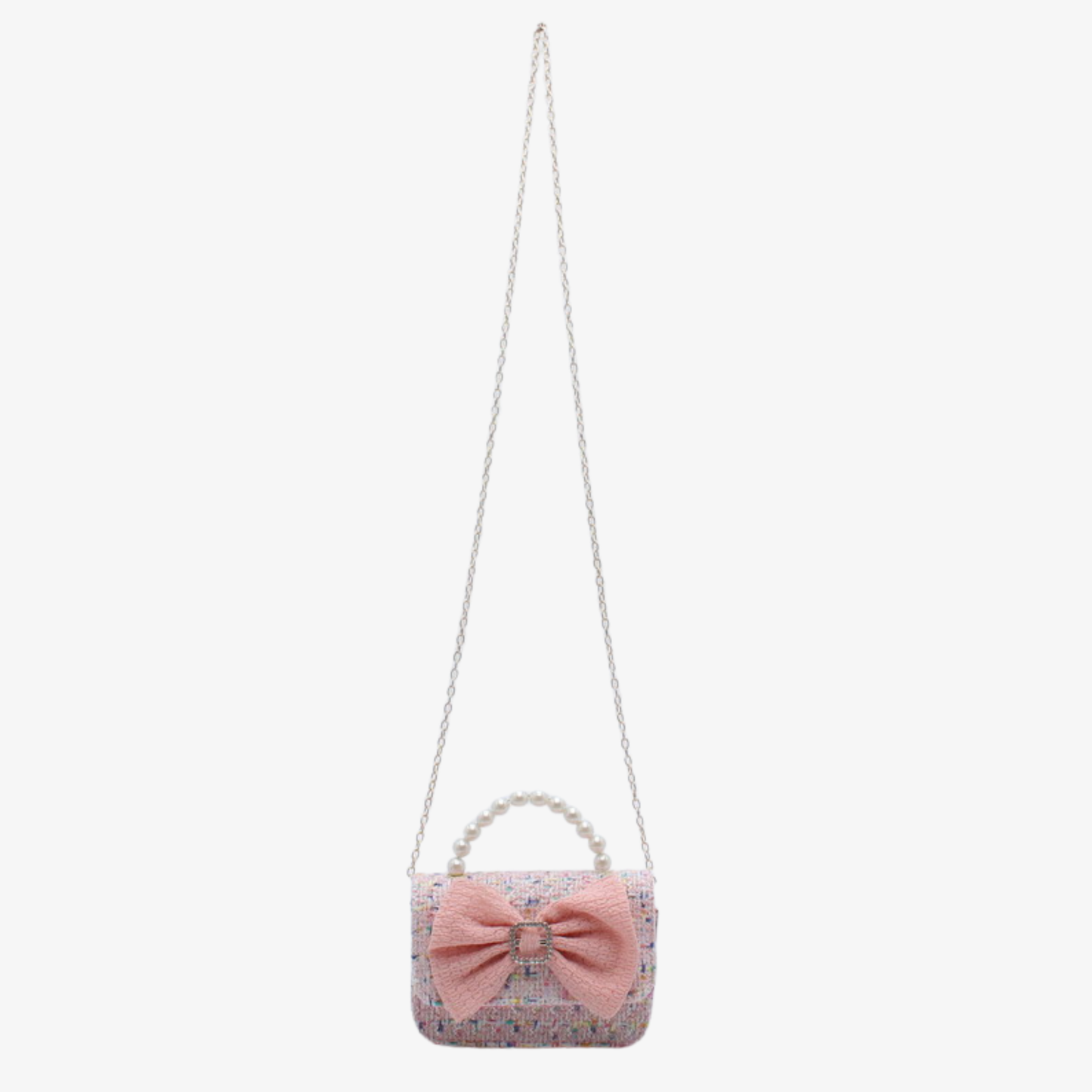 Children's floral tweed mini handbag with bow decoration, pearl handle, and gold chain strap, available in blue and black color options.