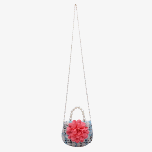 A small handbag with a light blue patterned body, a large pink flower accent, a pearl-beaded top handle, and a thin silver chain strap, shown against a plain light gray background.