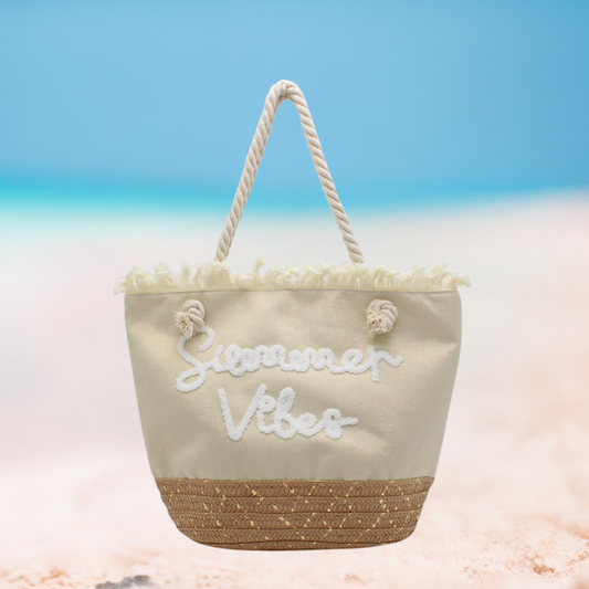 Summer Vibes Straw Base Tote Beach Bag