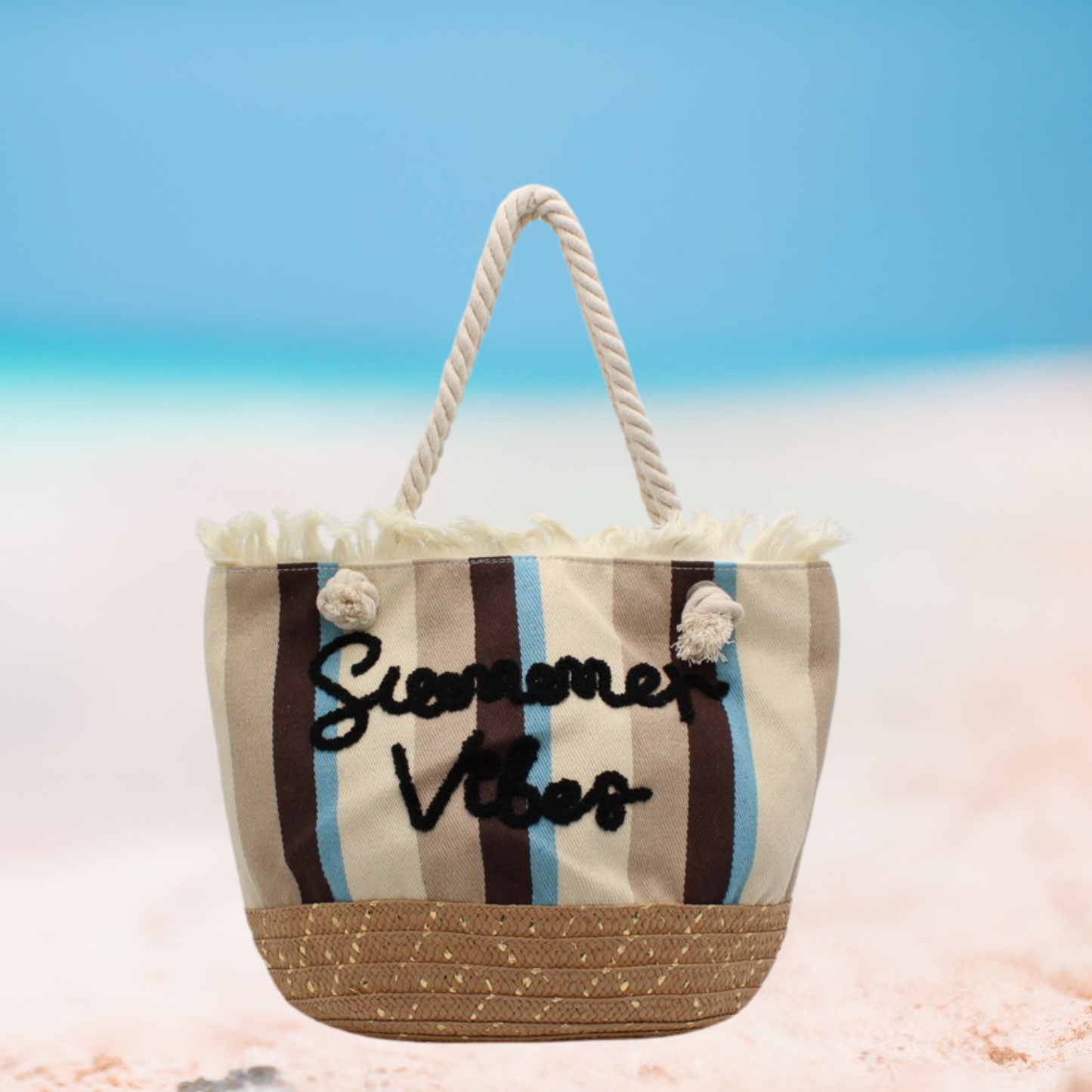 Summer Vibes Straw Base Striped Tote Beach Bag