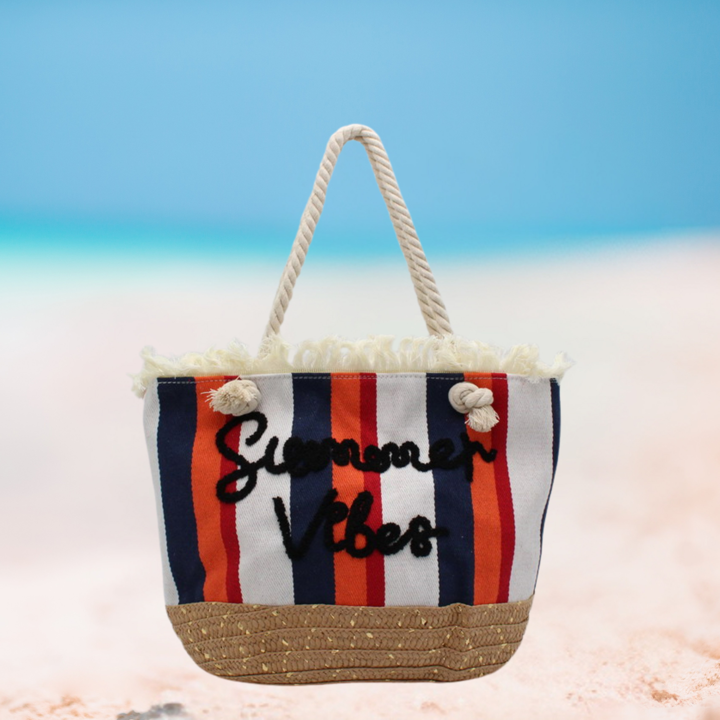 Summer Vibes Straw Base Striped Tote Beach Bag