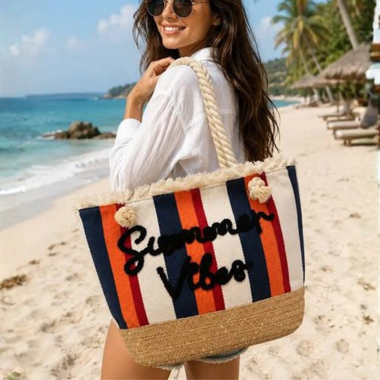 Summer Vibes Straw Base Striped Tote Beach Bag