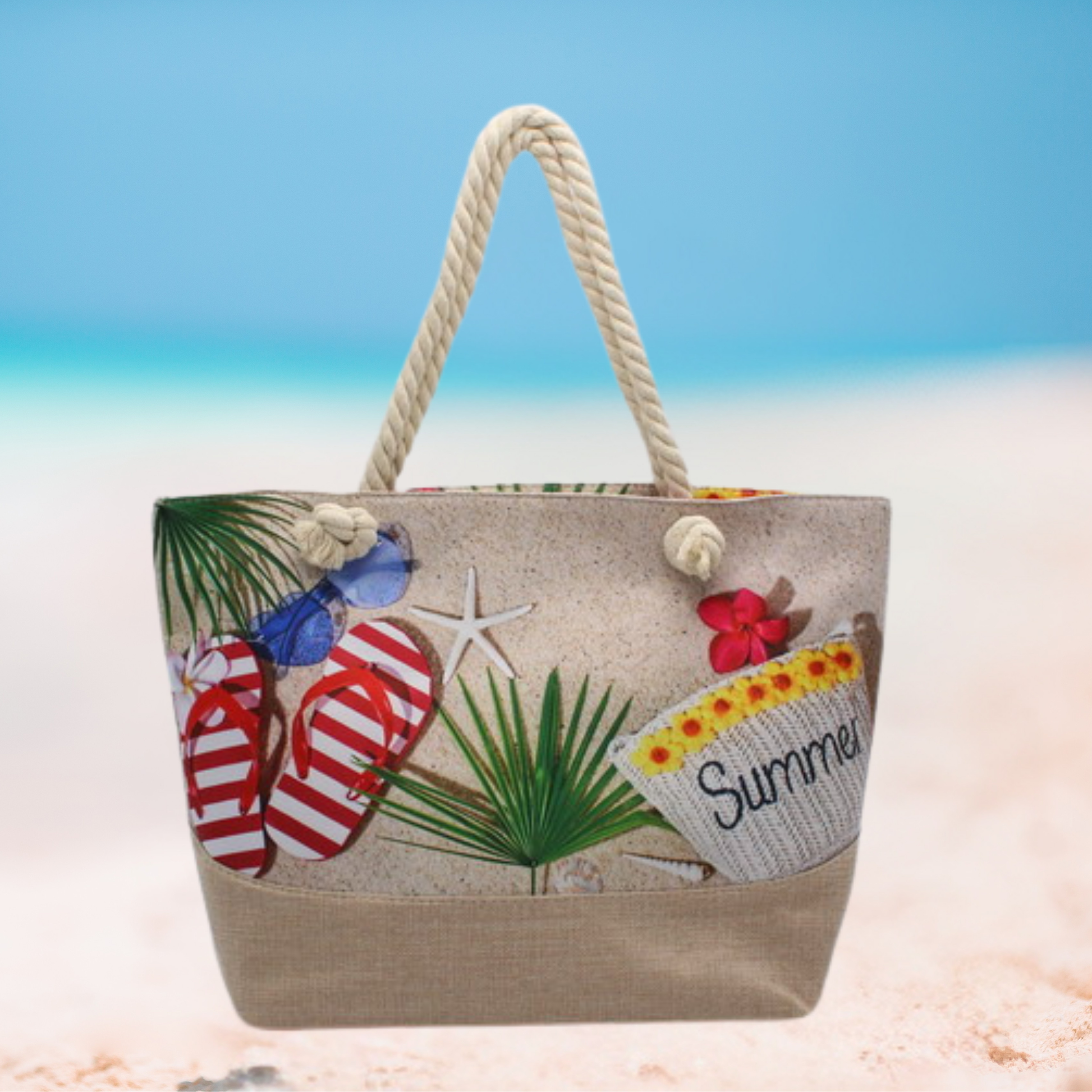 Large summer tote bag with rope handles, beige base, and colorful seaside motifs including starfish, seashells, coconuts, flip-flops, and tropical scenery