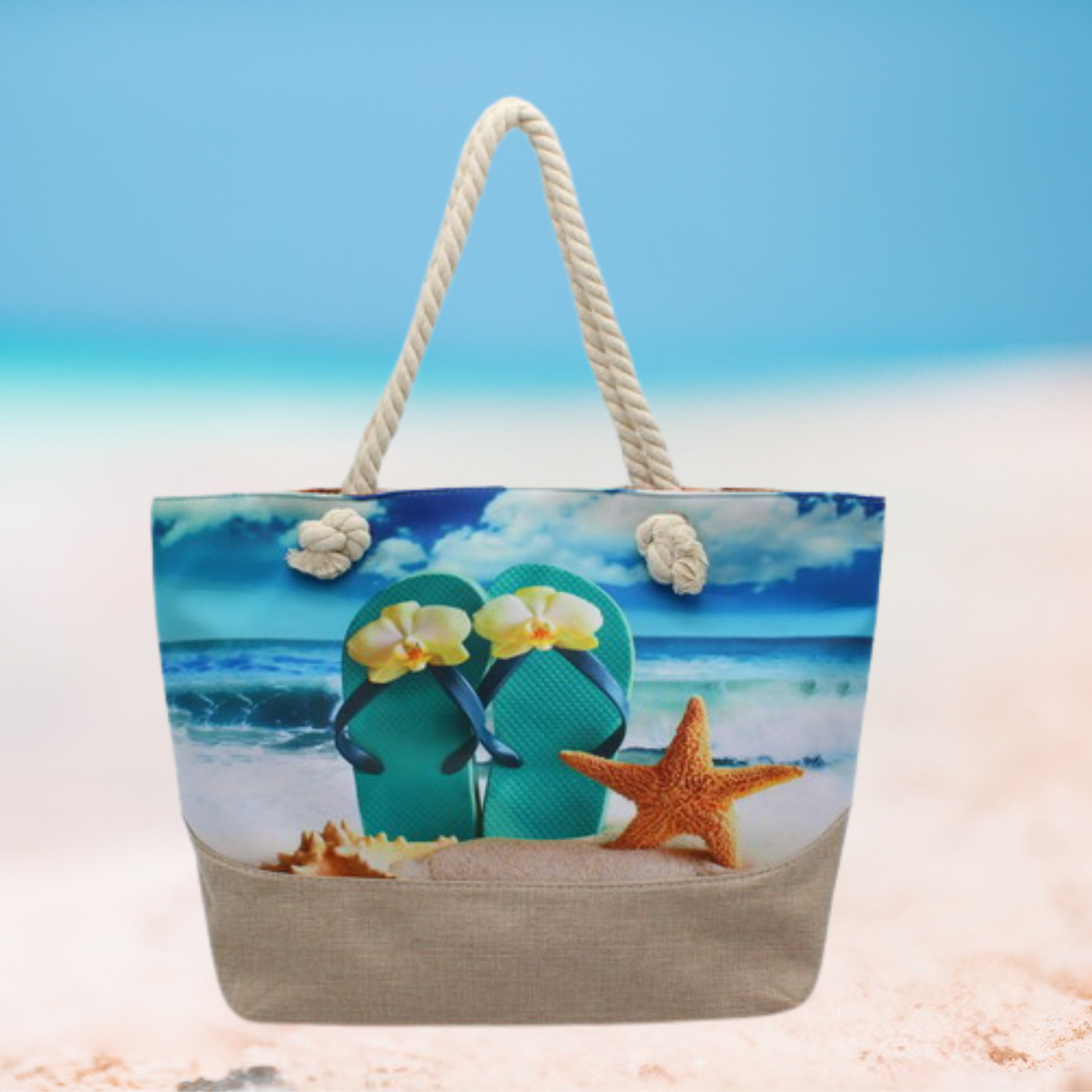 Large summer tote bag with rope handles, beige base, and colorful seaside motifs including starfish, seashells, coconuts, flip-flops, and tropical scenery