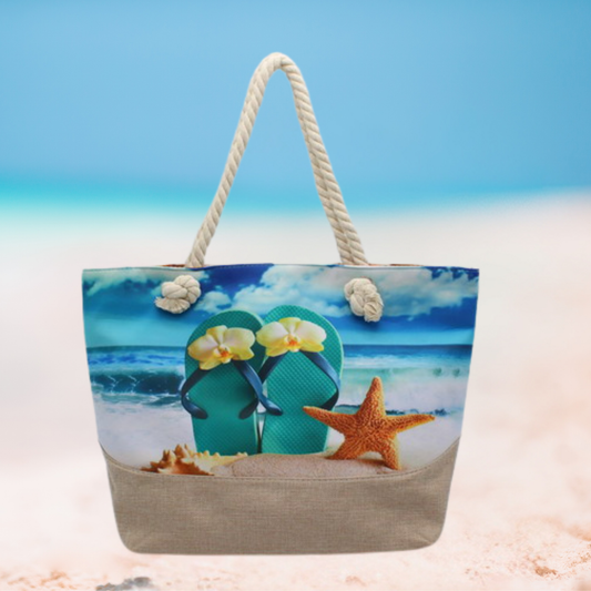 Large summer tote bag with rope handles, beige base, and colorful seaside motifs including starfish, seashells, coconuts, flip-flops, and tropical scenery