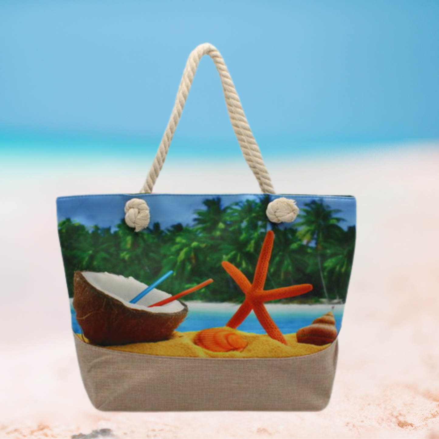 Large summer tote bag with rope handles, beige base, and colorful seaside motifs including starfish, seashells, coconuts, flip-flops, and tropical scenery