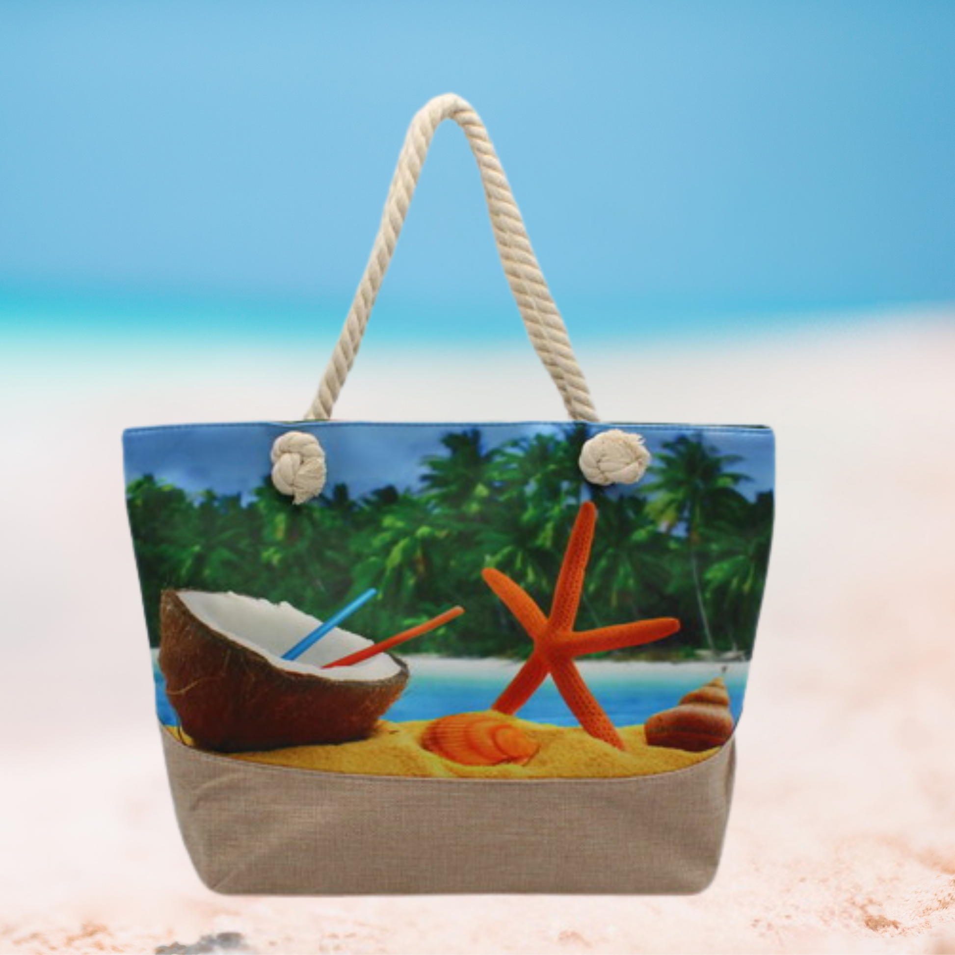 Large summer tote bag with rope handles, beige base, and colorful seaside motifs including starfish, seashells, coconuts, flip-flops, and tropical scenery