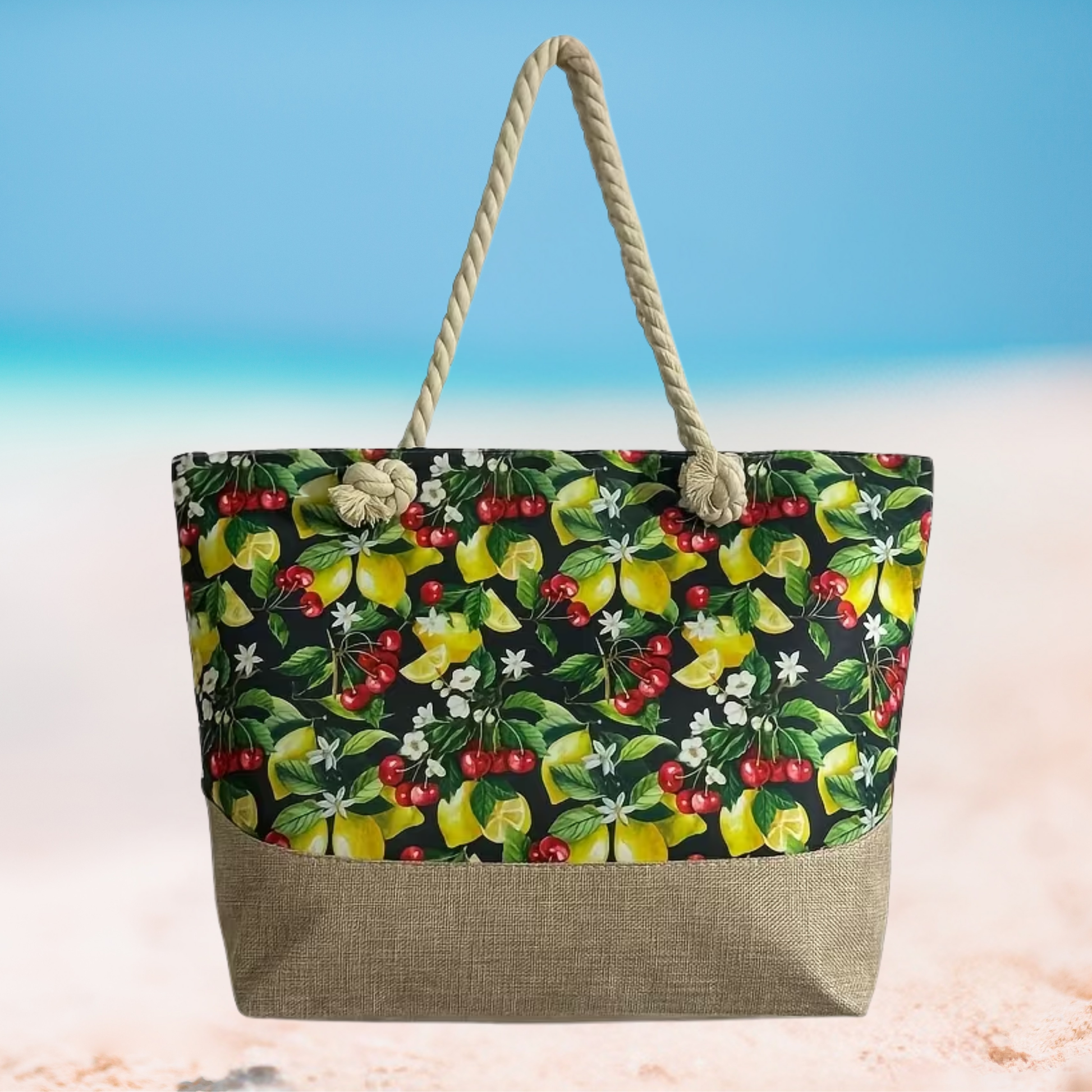 Tote bag with fruit pattern on a beach setting