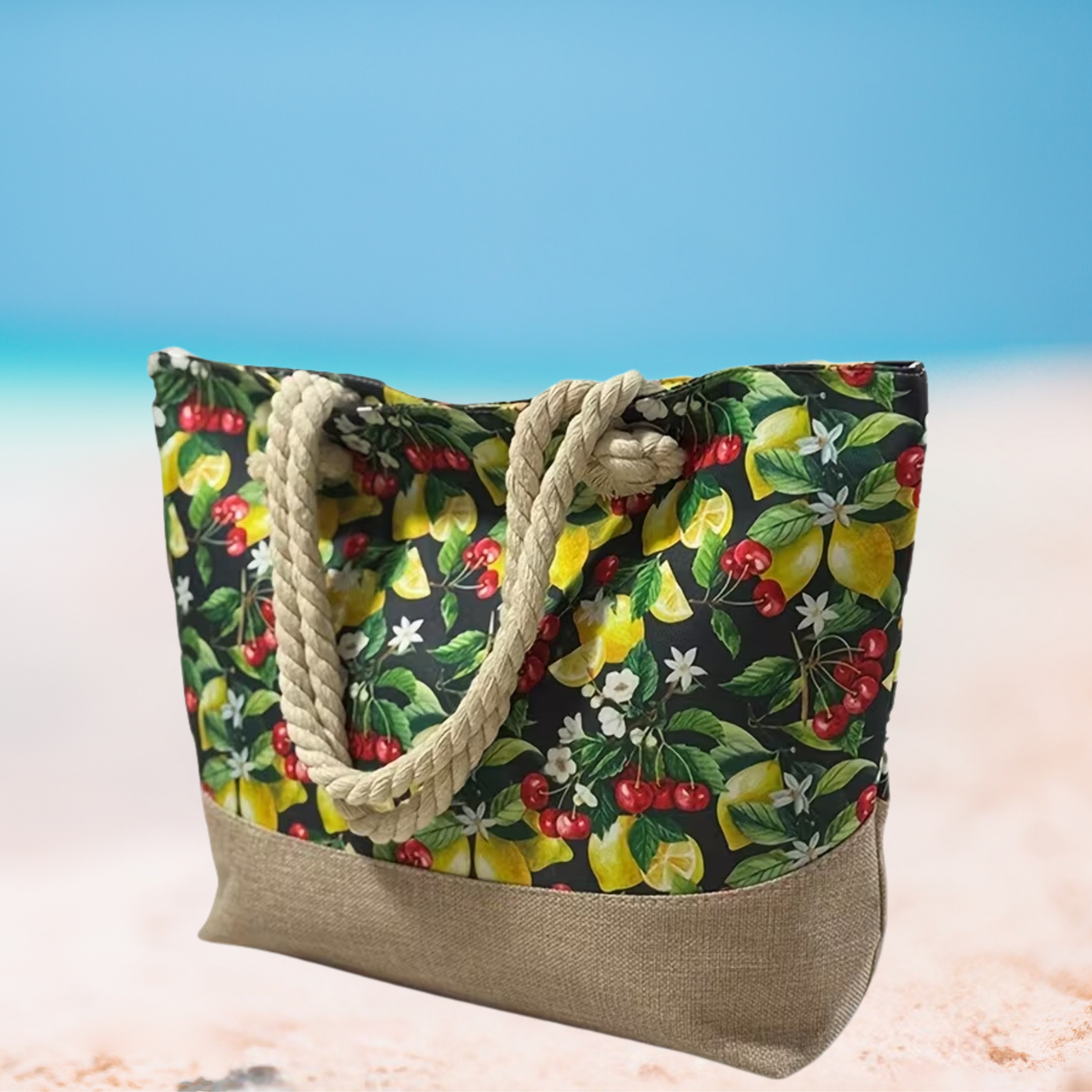 Tote bag with fruit pattern on a beach setting